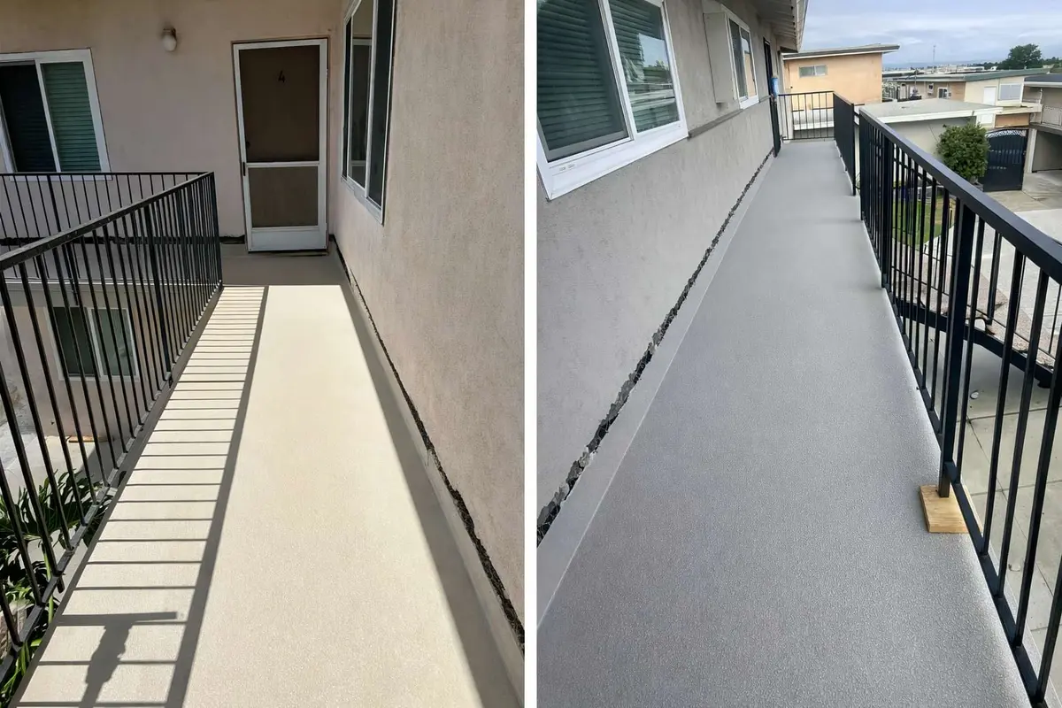 Balcony concrete water damage showing cracks, moisture intrusion, and structural deterioration caused by failed waterproofing.