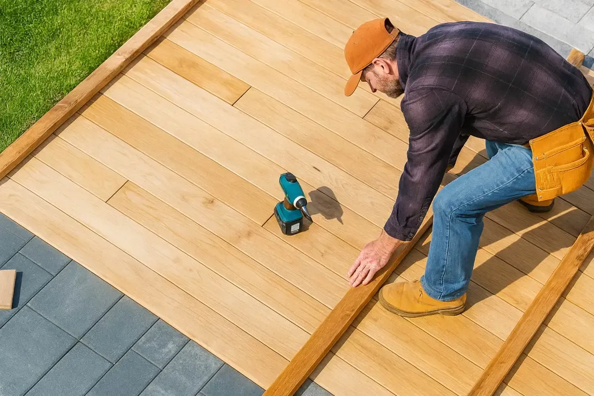 Contractor installing composite deck boards with hidden fasteners