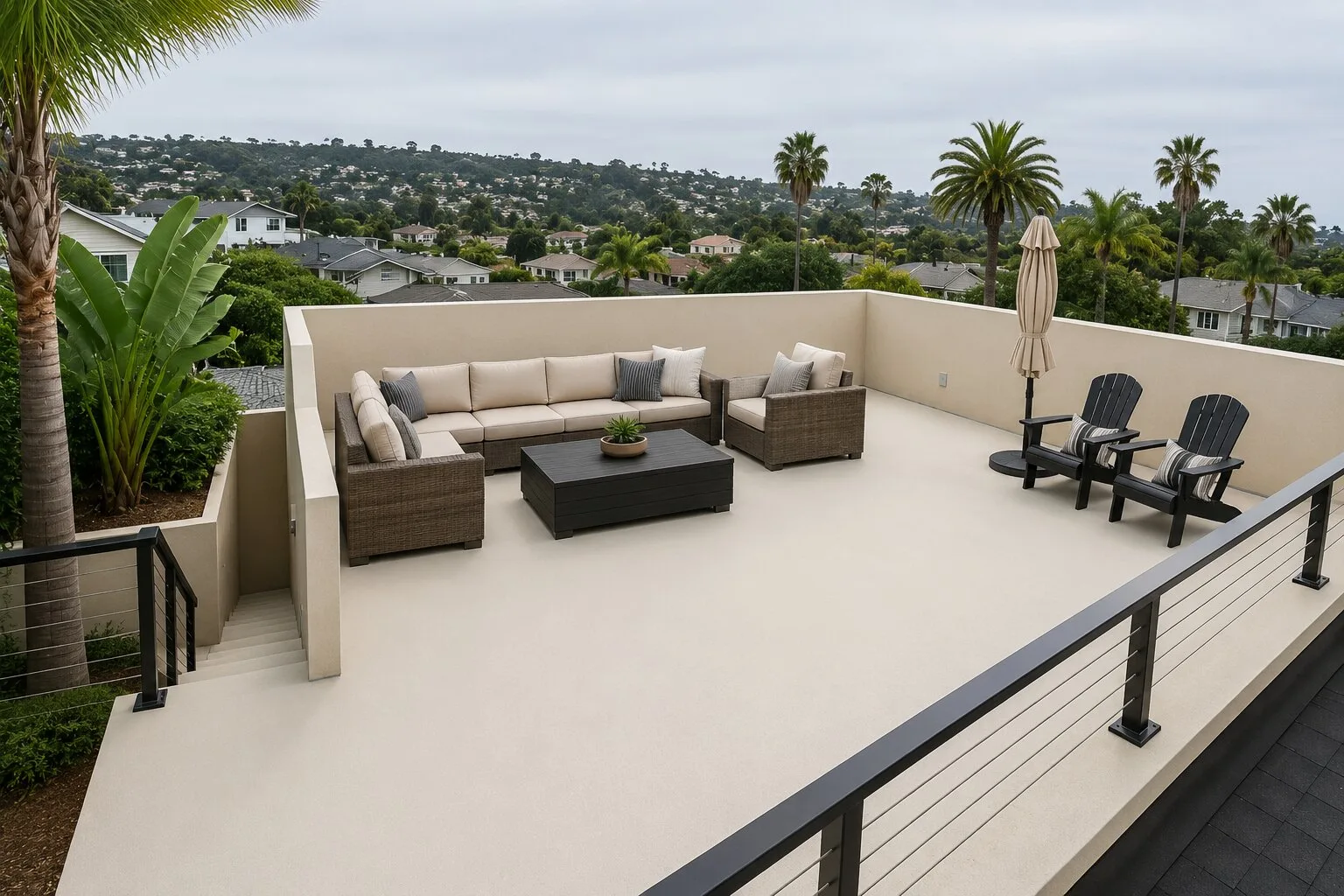 Composite deck boards on an outdoor rooftop living space