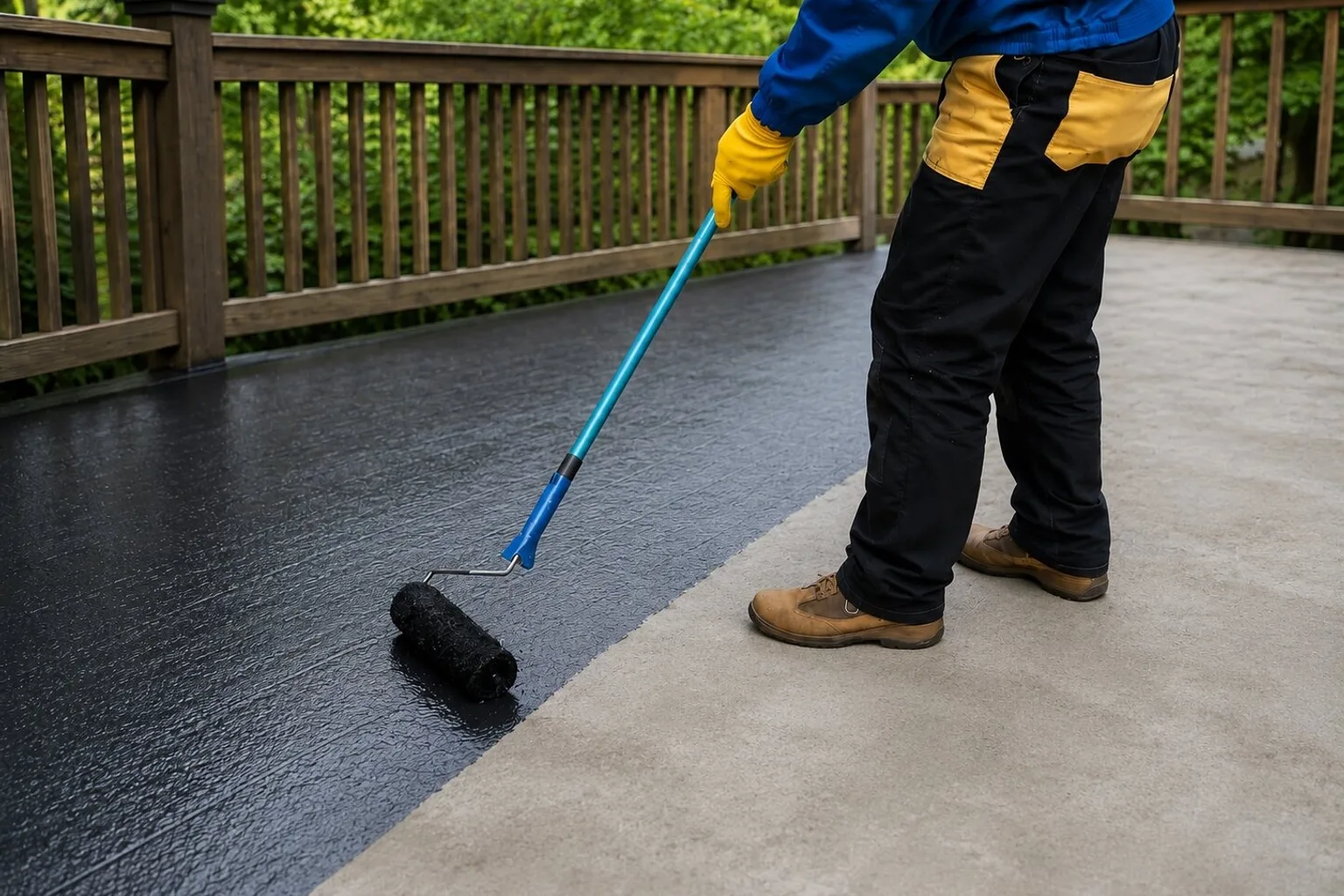 Contractor applying black waterproof deck coating to an outdoor deck