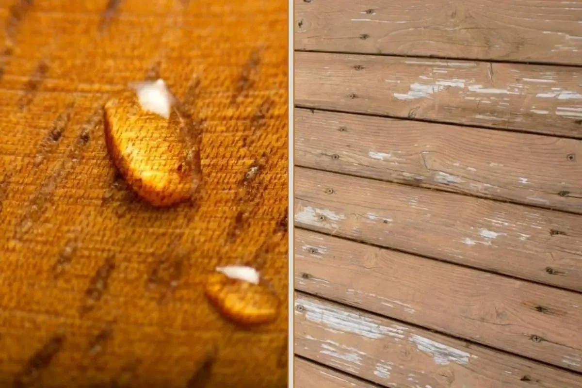 Weathered wood deck protected with a water-resistant coating