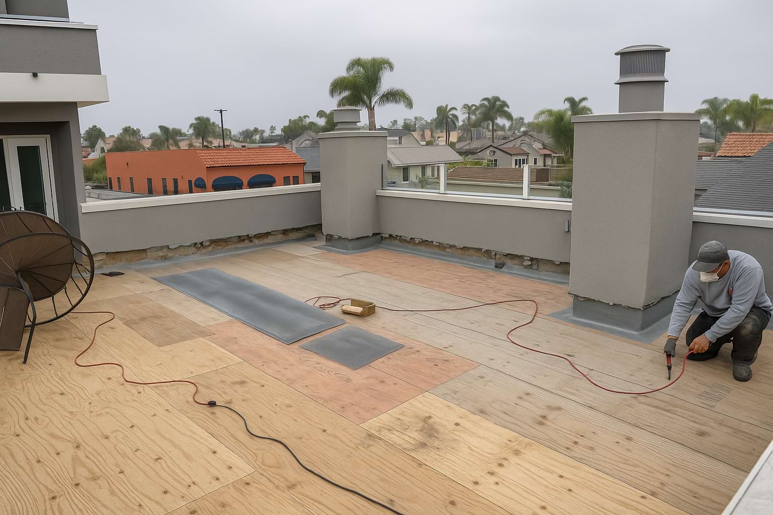 Rooftop deck under professional water leakage preparation showing plywood decking and worker applying waterproofing material for new construction protection