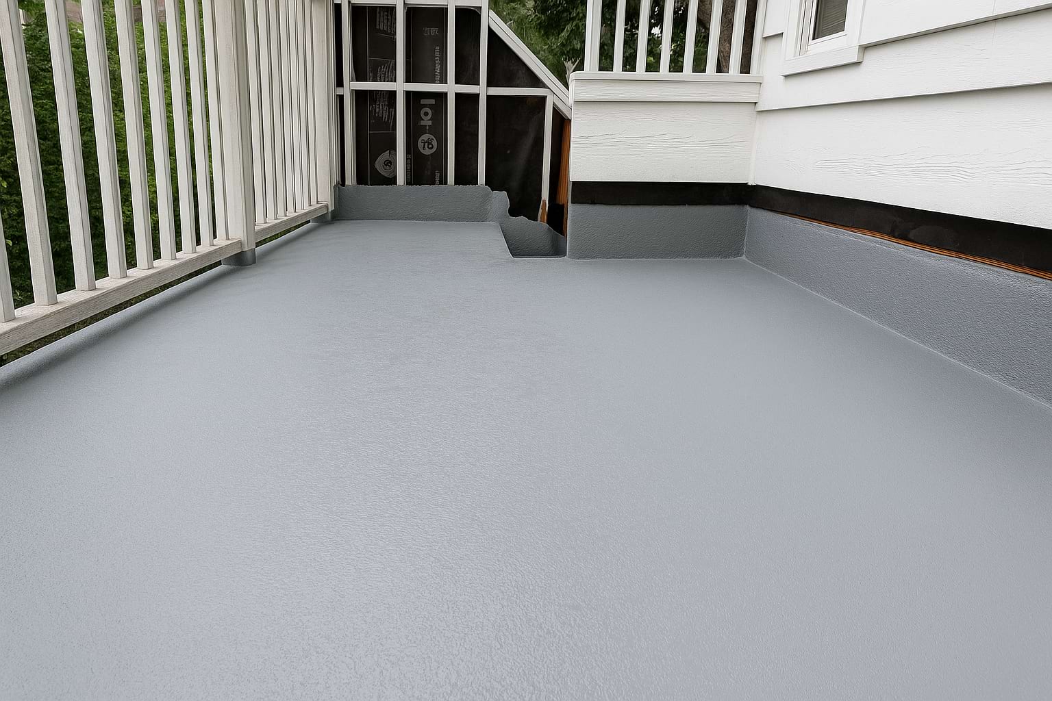 Professional waterproofed balcony deck showing seamless gray coating and moisture barrier for long term structural protection