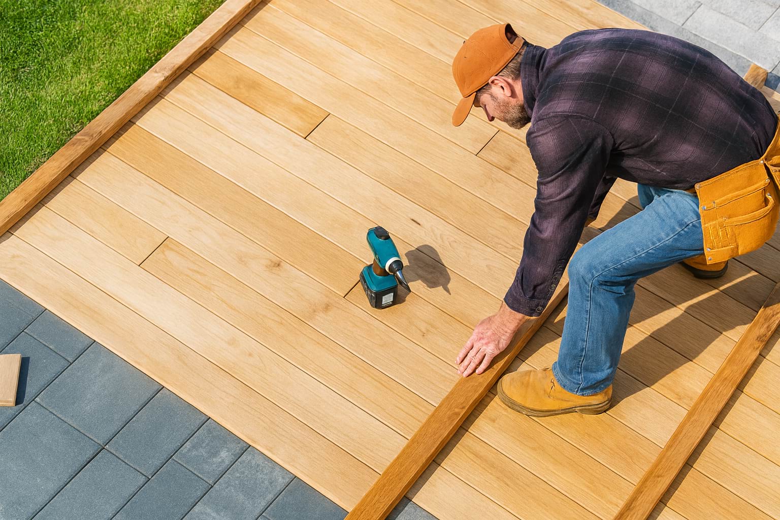 Contractor installing wooden decking boards with a drill on a backyard frame.