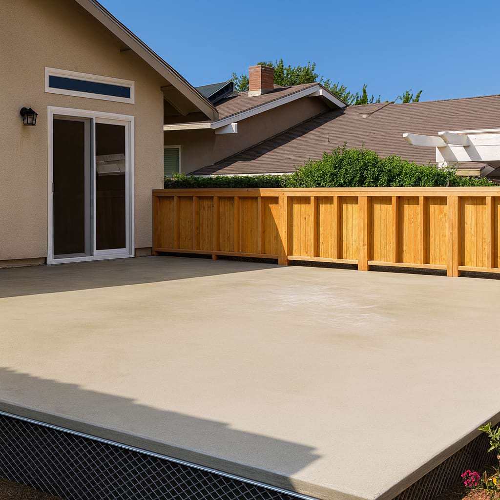 Rooftop deck with fresh concrete surface and wood railing in a residential backyard.